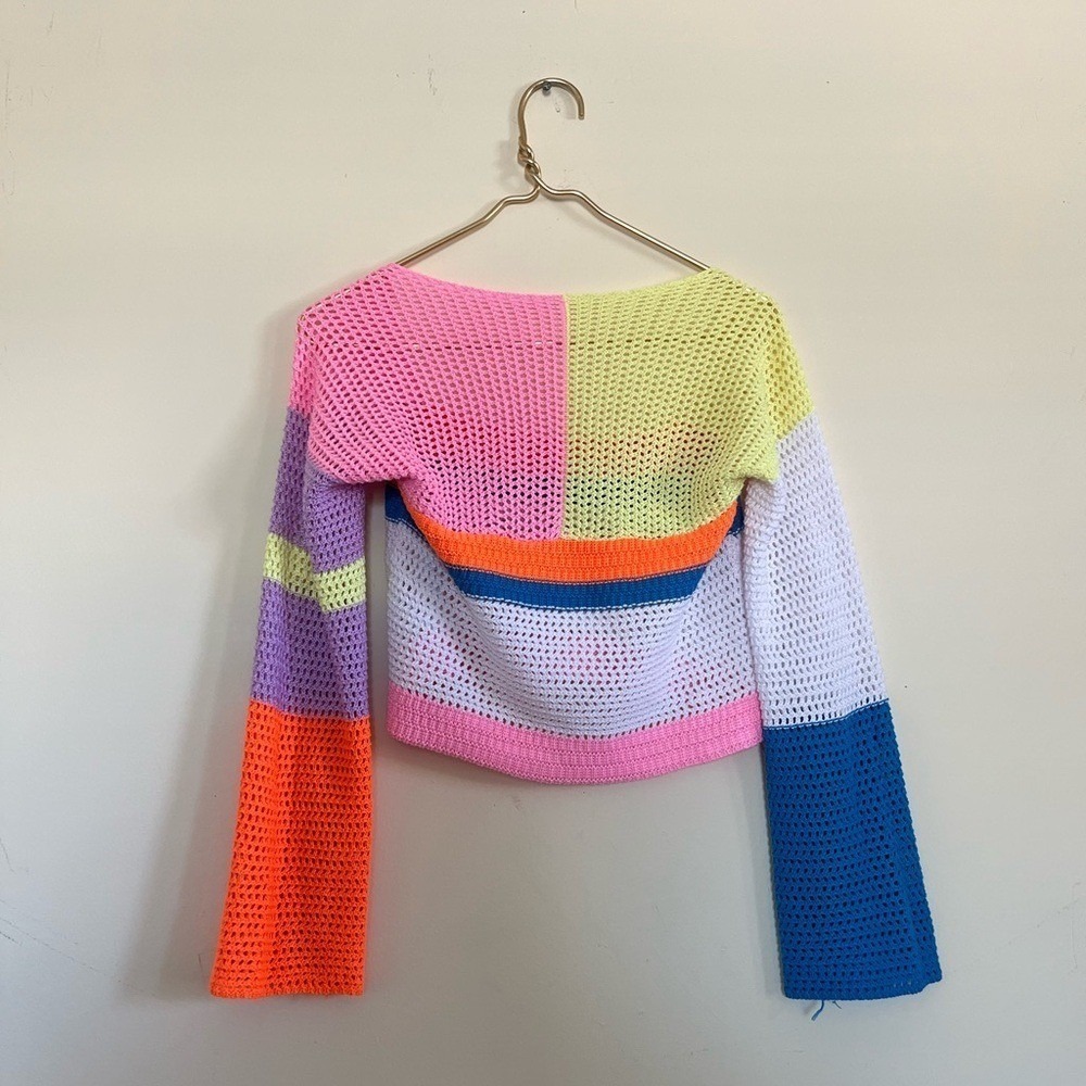 Multicolor Crochet Knit Colorblock Crop Top Square Neck Long Sleeve Small - Picture 3 of 9